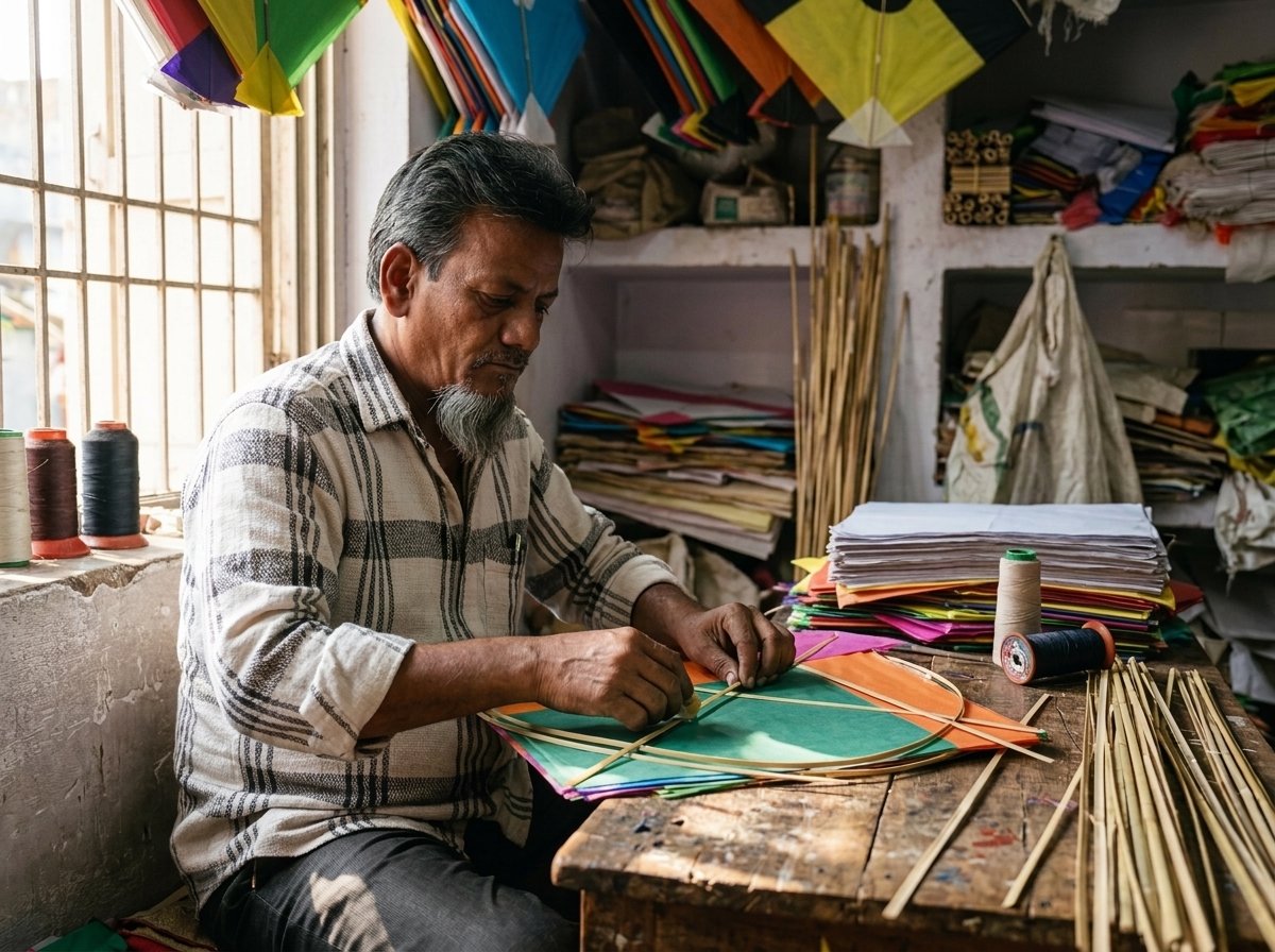 Master artisan Mohammed Harun Ismail Shaikh handcrafting kites in traditional Ahmedabad workshop